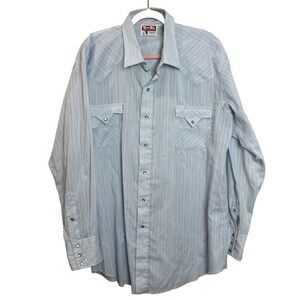 Tem Tex Western Shirt Mens 3XL 55"‎ Blue White Stripe Pearl Snap Long Sleeve 80s
